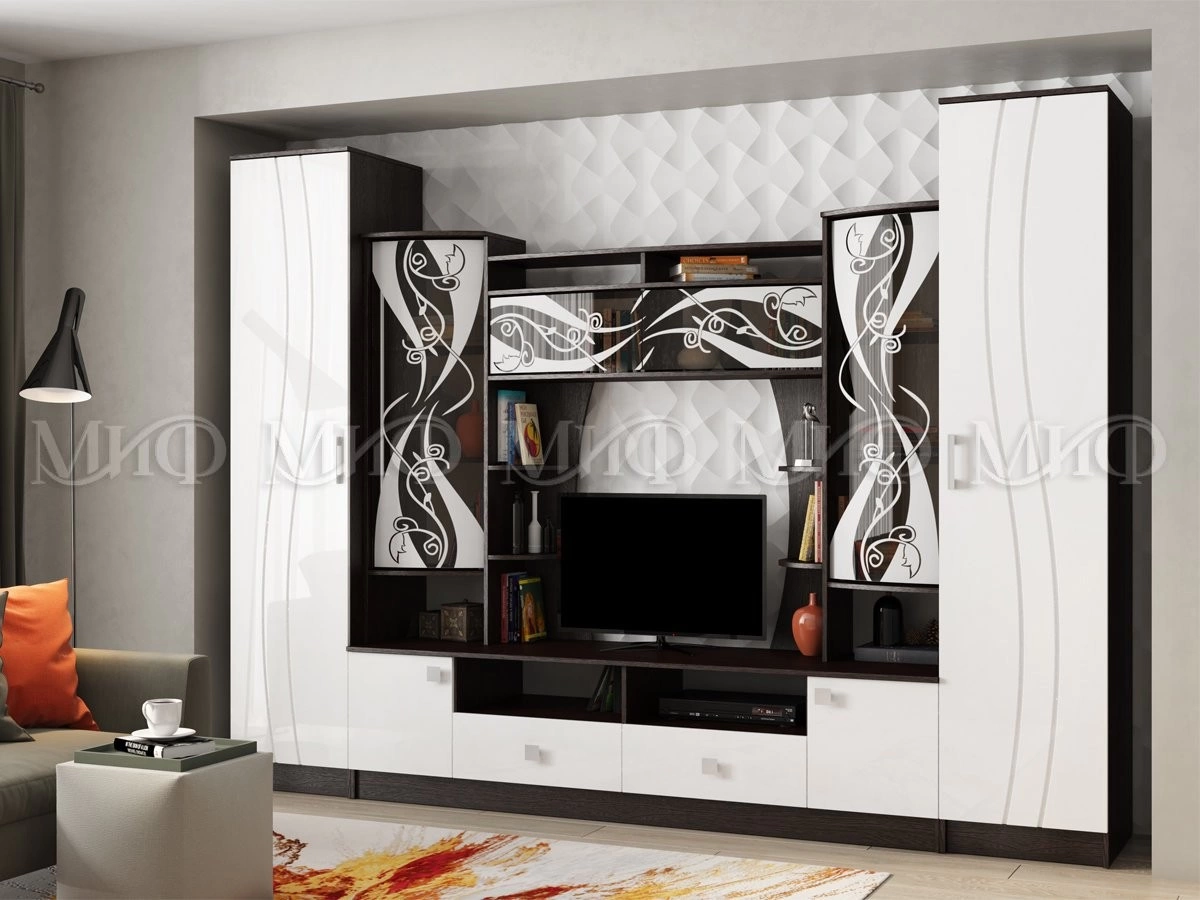 Гостиная Жасмин МДФ №4 Венге/Белый Глянец (Ш-2952 × В-2200 × Г-520 мм)