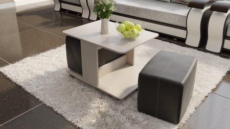 Стол Журнальный с Пуфиками «Капри» Стол Журнальный с Пуфиками «Капри» Дуб Белфорт/Кож.зам Коричневый/Ш-600× Д-800 × В-500 мм