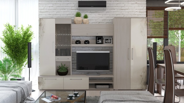 Стенка Мадлен Ясень Шимо/Бежевый Глянец с Рисунком (Ш-2998 х В-2020 х Г-450 мм)