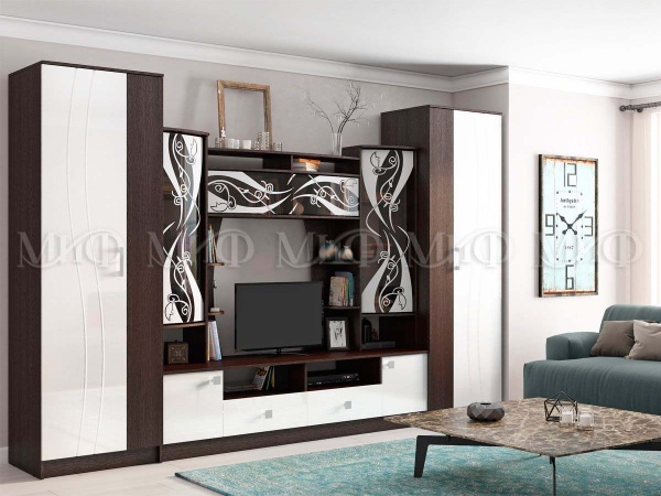 Гостиная Жасмин МДФ №2 Венге/Белый Глянец (Ш-3400 × В-2200 × Г-520 мм)