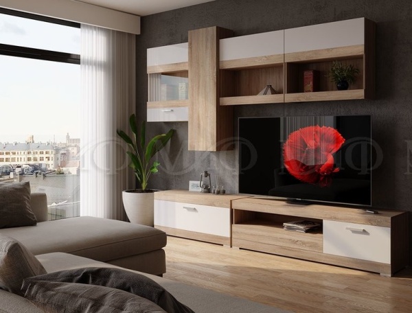 Гостиная Авангард МДФ №4 (Ш-2700 x В-2140 x Г-445 мм) Дуб Сонома/Белый Глянец