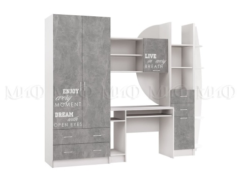 Стенка Юниор-2 Лофт МДФ (Ш-2550 х В-2000 х Г-520 мм)/Белый+Бетон