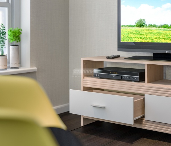 Тумба ТВ Дакота СБ-2885 Сосна Авола Шампань+Белый Глянец/Ш-1230 X В-600 X Г-330 мм