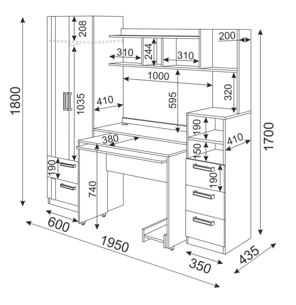 Уголок Школьника "Волкер" М 16 (Ш-1950 х Г-435 х В-1800 мм)/Ясень Шимо Светлый+Белый/Арабика